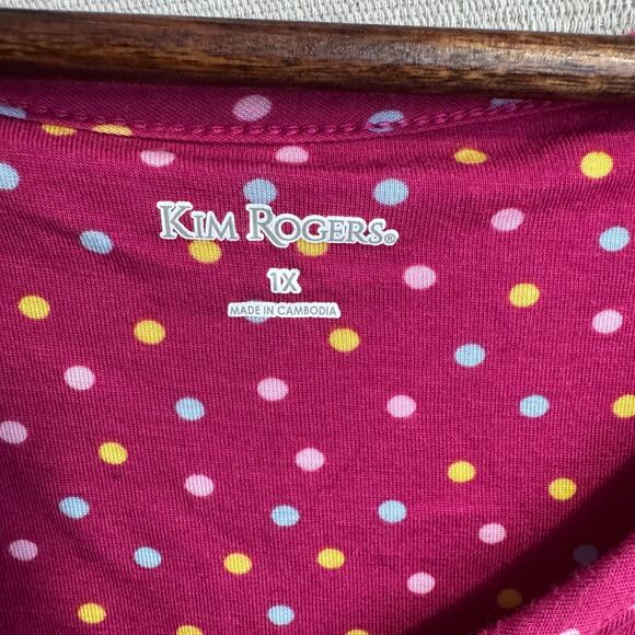 Kim Rogers Top Size 1X Pink Polka Dot V-Neck Pintuck Front 3/4 Sleeve Stretchy - Picture 5 of 11